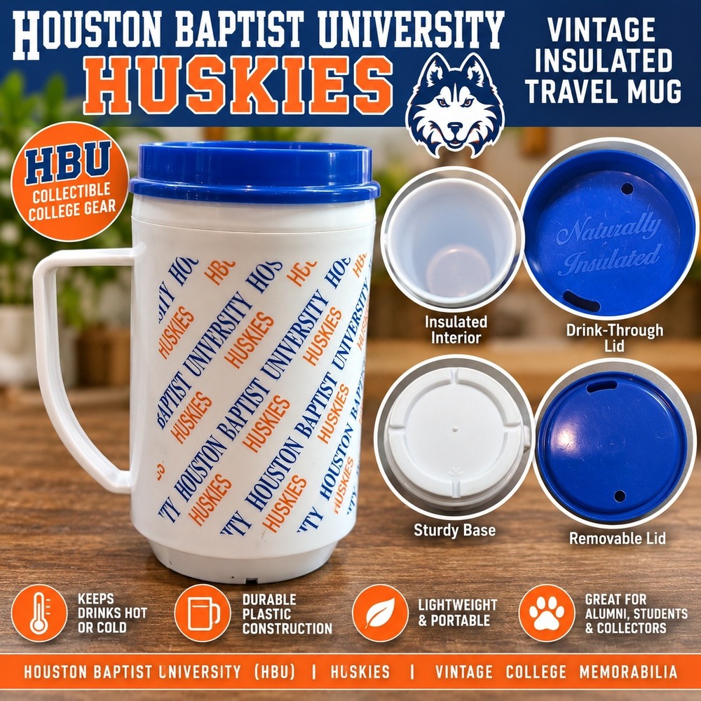 Vintage Houston Baptist University Huskies Insulated Travel Mug HBU Blue White
